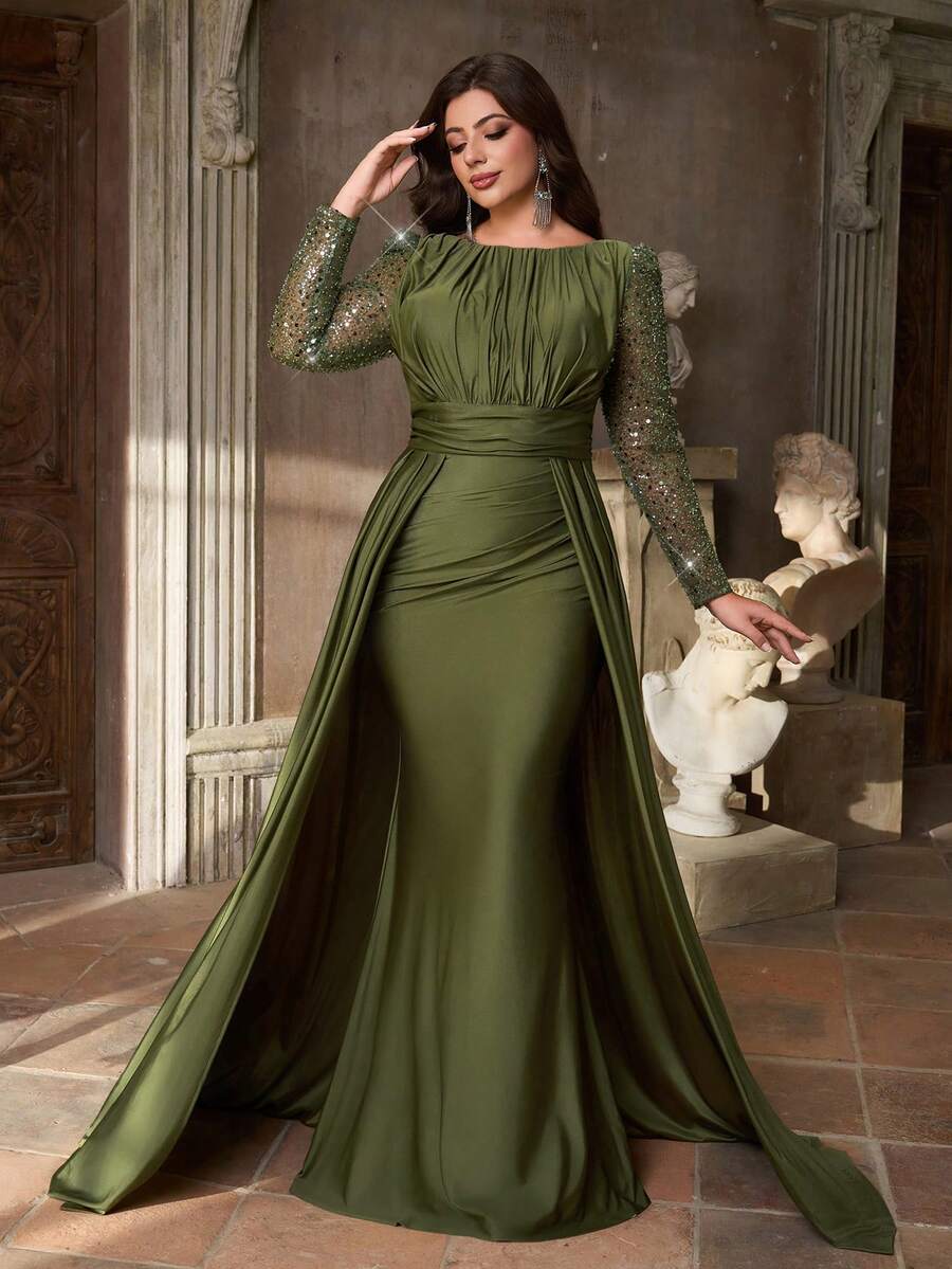 Aureia Plus-Size Elegant Olive Green Winter Formal Evening Formal Dress,Luxurious Sequined Satin Round Collar Gathered Waist Slim Fit Fishtail Hem,Draped