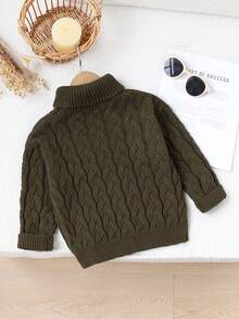 SHEIN 1 pieza Suéter para niñas, cuello alto, textura de punto trenzado vintage, corte holgado y relajado, grosor regular, dobladillo prolijo, puños ajustados, suave y cómodo, versátil y de moda en color café, adecuado para uso diario, hogar y salidas en otoño/invierno - Café integral - Ver 2