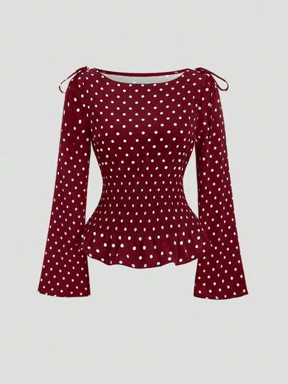 Sweetra New Autumn/Winter French Elegant Fashion Polka Dot Shoulder Bowknot Waist Slimming Casual Commute Versatile Bell Sleeve Women Blouse