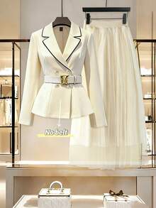 GlowEve 女士杏色束腰西装外套+网纱长裙优雅时尚套装