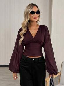 Easowa 复古褶皱灯笼袖抽绳露背蝴蝶结安哥拉红网眼T恤，休闲宽松优雅OL风，秋冬款 - 紅色 - 查看 7