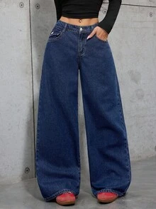 SHEIN Quần jean xanh navy dáng rộng Y2K thêu hình ngôi sao cho bé gái tuổi teen, Thu, Đông, Kỳ nghỉ thường ngày và thời trang, Trang phục đường phố, Phong cách thập niên 2000, Quần ống loe cho bé gái, Giáng sinh cho bé gái - Rửa tối - Xem 6