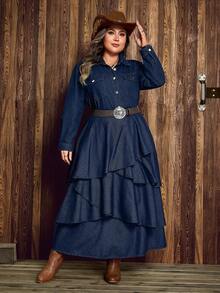 EMERY ROSE 秋冬大码女式纯色水洗牛仔裙 - 深色水洗藍 - 查看 7