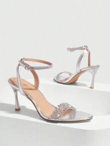 CUCCOO SZL Pointed Toe Stiletto Sandals, Fashion Rhinestone Embellished Closed Toe Versatile High Heel Sandals - Silver - View 6
