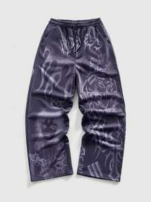 ROMWE MEN Street Life Pantaloni della tuta casual da uomo, stile moda di strada, con stampa di tigre e fiamma, vita con coulisse, gamba ampia e morbida