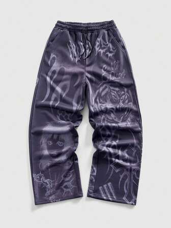Street Life Men's Casual Fashion Street Tiger Flame Letter Print Drawstring Waist Loose Wide Leg Sweatpants
