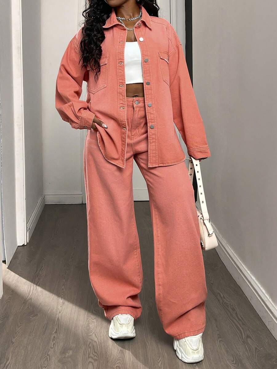 DAZY 女士粉色宽松外套和牛仔裤套装 - 粉色 - 查看 1