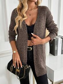 EMERY ROSE Women's Brown V-Neck Simple Fashion Versatile Floral Knit Cardigan - Brown - View 5