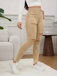 SHEIN EZwear Black Slant Pocket Ripped Skinny Jeans