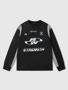 ROMWE MEN Street Life Men's Patchwork Letter Graphic Long Sleeve T-Shirt - Black - View 4