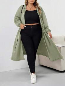 SHEIN CURVE+ 女式纯色抽绳连帽防水长袖风衣加大码连帽夹克加大码雨衣 Curve 秋季夹克 8xl 女装加大码橄榄绿夹克女装秋装、冬季、CURVE PLUS 秋冬 - 薄荷綠 - 查看 2