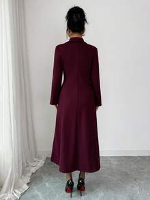 Elenzga Women's Solid Color Lapel NeckLong Sleeve Double-Breasted Elegant Elegant Regular Jacket, Autumn/Winter - Burgundy - View 2