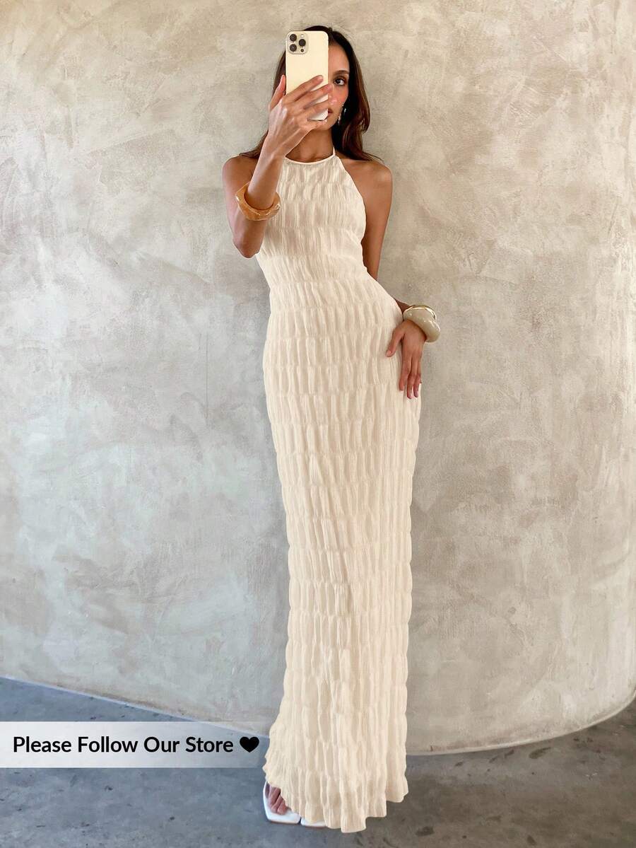 Aloruh 女士纯色褶皱修身露背性感连衣裙 - 杏色 - 查看 1