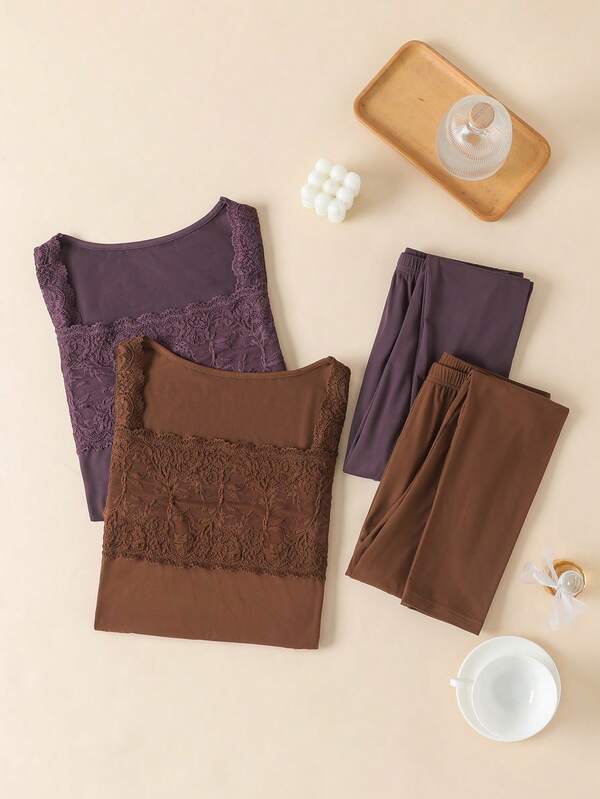 2 pièces Ensemble de costume élégant pour femme avec patchwork en dentelle