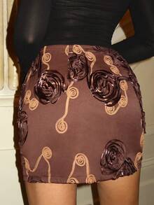 SHEIN Glamour Elegant Women's Multicolor Bodycon Mini Skirt With Woven Fabric Plant Pattern And Zipper Detail - Multicolor - View 2