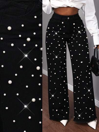 Slaydiva Women's Party High Waist Pearl Decor Pocket Wide Leg Loose Casual Jeans Rhinestone Pants Palazzo Pants Women Pants For Women Pearl Pants Women Two Piece Outfits