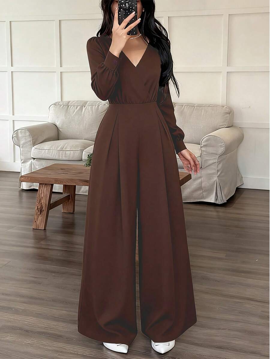 INAWLY Bộ đồ liền thân ống rộng xếp ly cổ chữ V tay dài màu trơn dành cho nữ - màu nâu - Xem 1
