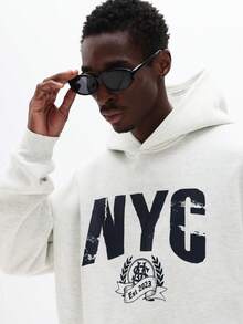 SUMWON Boxy Fit NYC Distressed Print Pullover Hoodie With Drawstring Hood And Centre Pocket Casual - Light Grey - View 3