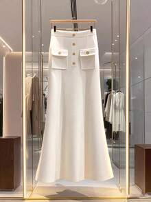 SHEIN LUNE Women's Solid Color Button Front Pocket Design Elegant Fishtail Skirt - Beige - View 1