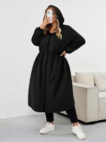 SHEIN CURVE+ Women's Solid Drawstring Hooded Waterproof Long Sleeve Trench Coat Plus Size Hooded Jacket Plus Size Raincoat Curve Fall Jacket 8xl Women Clothes Plus Size Olive Green Jacketfall Clothes For Women,Winter,CURVE PLUS