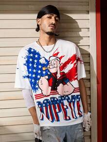 Popeye X SHEIN Men's Casual Letter & Cartoon Graphic Round Neck Short Sleeve T-Shirt, Summer - White - View 6