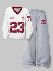 SHEIN ChillGRL 2pcs/Set Casual Teenager Girls' V-Neck Dropped Shoulder Short Sleeve Loose Pants Tracksuit With Numeric Pattern - Black - View 4