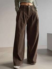 Dazy Tall Women's Corduroy Pleated Loose Straight Leg Casual Pants - Brown - View 1