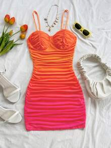 Soleia Burnt Orange,Summer,Matrix,Techno,Club Night,Dance,Rave Red Ruffled Mesh Slip Dress,Boho Style Party Dresses For Women,Holiday Vacation Music Festival - Burnt Orange - View 4