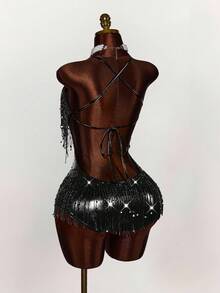 Amplova Bộ đồ liền thân hở lưng tua rua đính kim sa Halloween COS - màu đen - Xem 2