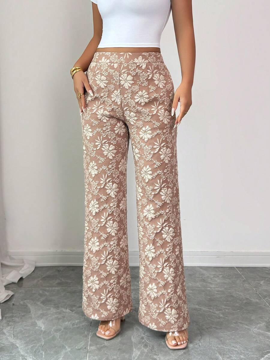 Elenzga Women's Elegant Commuter Jacquard Wide Leg Pants