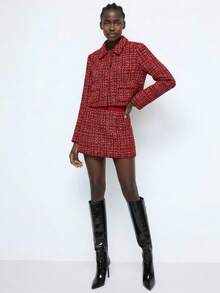 Maija 女士格子长袖单排扣优雅常规外套，适合圣诞派对季、女士冬季外套、秋季女装、圣诞节女装、新年女装、感恩节、派对、优雅女式衬衫、红色外套，精致优雅，小巧精致。 - 紅色 - 查看 5