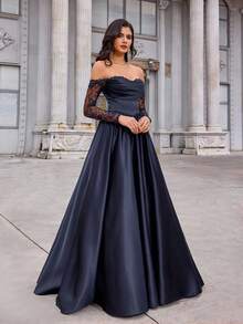 Aureia 优雅奢华黑色露肩薄纱短袖蕾丝边缎面褶皱长裙，适合婚礼、派对、度假、晚宴、约会、正式场合（装饰繁复），情人节也适用。 - 藏蓝色 - 查看 3