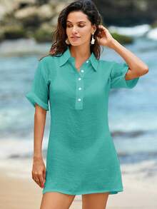 Swim Lushoire Women's Solid Color Collared Half Sleeve Casual Beach Vacation Swimsuit Cover Up Green Beach Dress Women Vacation Dress Summer Casual Dress Green Summer Dress Women Short Sleeve Summer Dress - Green - View 4