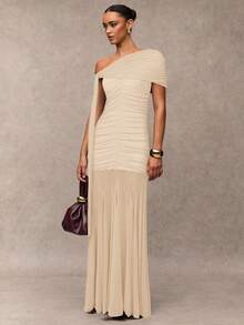 SHEIN BAE Women's Solid Color Asymmetric Shoulder Ruched Fishtail Hem Elegant Dress - Apricot - View 6