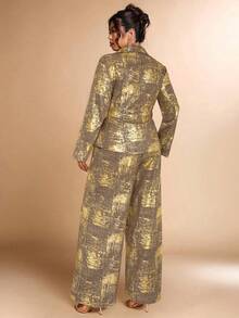 Cravure 大码女士金属箔优雅套装，适合派对和办公场合，秋冬季 - 棕色 - 查看 2