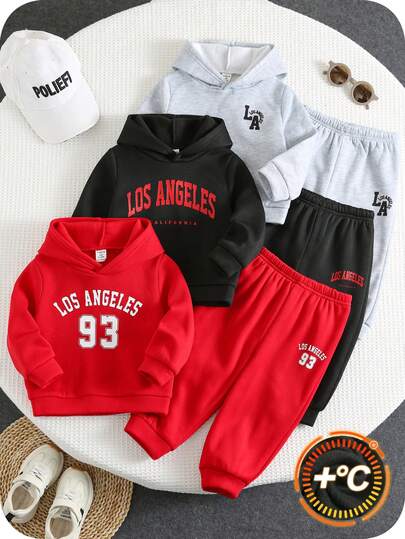 SHEIN 6件套男婴可爱休闲百搭字母印花抓绒卫衣和松紧腰运动裤套装，运动服套装，3T男童服装套装，男婴卫衣套装，男婴休闲套装，男婴套装