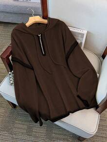 Franclia Plus Size Women Contrast Trim Hooded Half Zip Pullover Sweatshirt - Coffee Brown - View 3