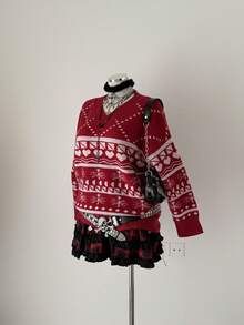Sunspun Plus Size Women Heart Pattern V-Neck Long Sleeve Loose Pullover Sweater, Autumn/Winter - Red - View 4