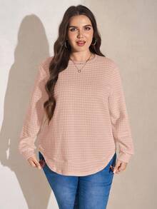 EMERY ROSE Plus Size Women's Solid Color Minimalist Casual Crew Neck Long Sleeve Sweatshirt Sweater Plus Size Plus Size Long Sleeve Top Plus Size Solid Color Ribbed Knit T Shirt Plus Size Casual Tops Plus Size Women Clothes Blouse Autumn Winter Clothes For Women - Pink - View 3