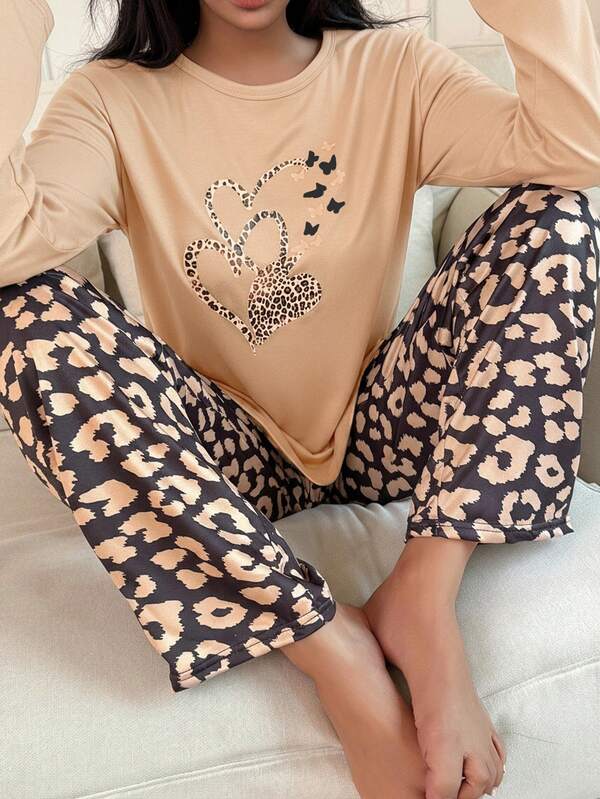 SHEIN Leopard Print Heart Decor Casual Long Sleeve & Pants Women Pajama Set