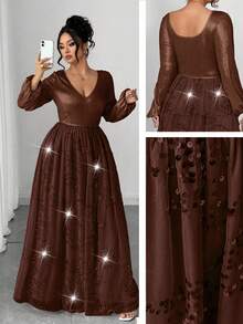 Elenzga Vestido de manga larga de malla con apliques de lentejuelas y cuentas