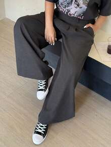 Dazy Plus Color Block Waistband Loose Casual Business Commute Invisible Zipper Straight Leg Long Pants - Dark Grey - View 4