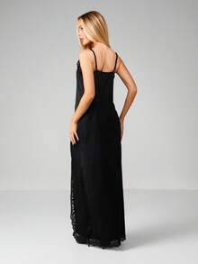 MISSGUIDED Button Front Satin Lace Trim Camisole Top High Low Hem Sleeveless Blouse Evening Party Night - Black - View 2