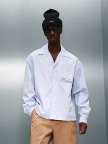 PLAYBOY X SUMWON Regular Fit Striped Long Sleeve Button Down Shirt With Logo Embroidery - Blue and White - View 2