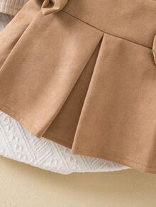 Genkimix Kids Girls Casual Sweet Ruffle Trim Long Sleeve Top + Elastic Waist Pleated Skirt With Bow, Suitable For Daily Wear, Casual Outings