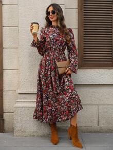 EMERY ROSE 女式休闲碎花荷叶边下摆束腰长裙，秋季