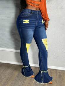 Slaydiva Quần jeans ống loe bó màu xanh denim cỡ lớn thường ngày - Rửa tối - Xem 3