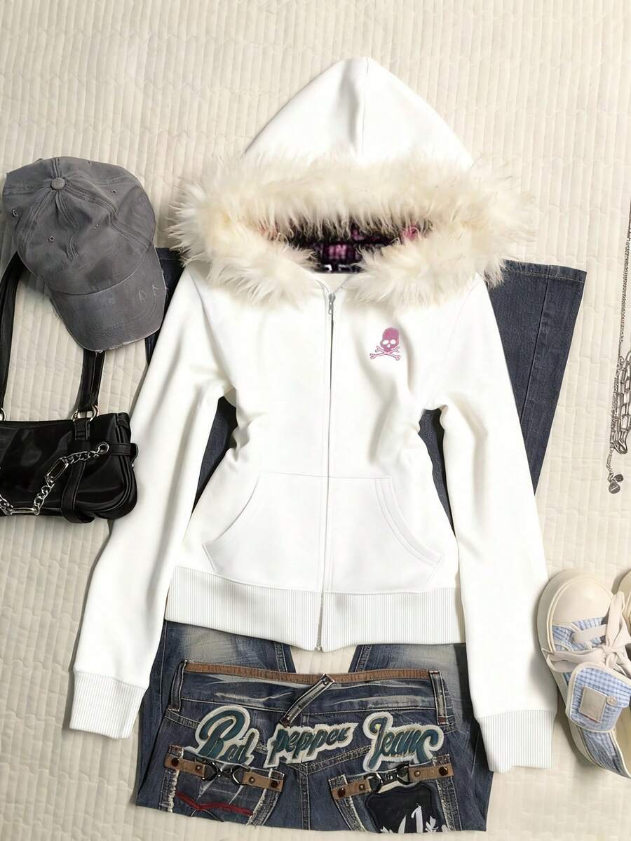 INAWLY 女式修身连帽运动衫夹克，人造毛领，数码印花 - 白色 - 查看 1