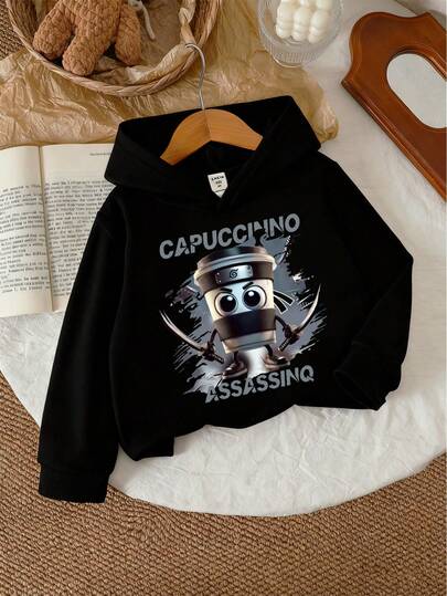 Young Boy Personified Cartoon Coffee Cup Graphic Print Casual Black Raglan Hoodie Sweatshirt, Fashionable For Indoor & Outdoor Wear, Autumn/Winter