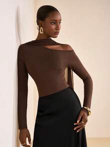 Zivah 2025 Autumn/Winter New Music Festival, Easter, St. Patrick's Day, Halloween, Christmas, Valentine's Day, Date, Western, Nomadic, Commute, Brunch, Airport, Party, Holiday Asymmetric-Shoulder Mesh Flowy T-Shirt, Slim Fit, Brown - Brown - View 6